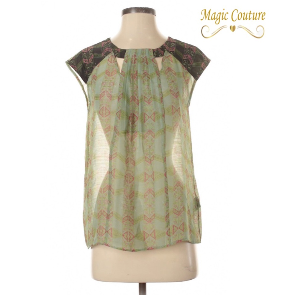 lavand. Sheer Green Blouse with Contrasting Shoulder and Cutouts💚🖤💚